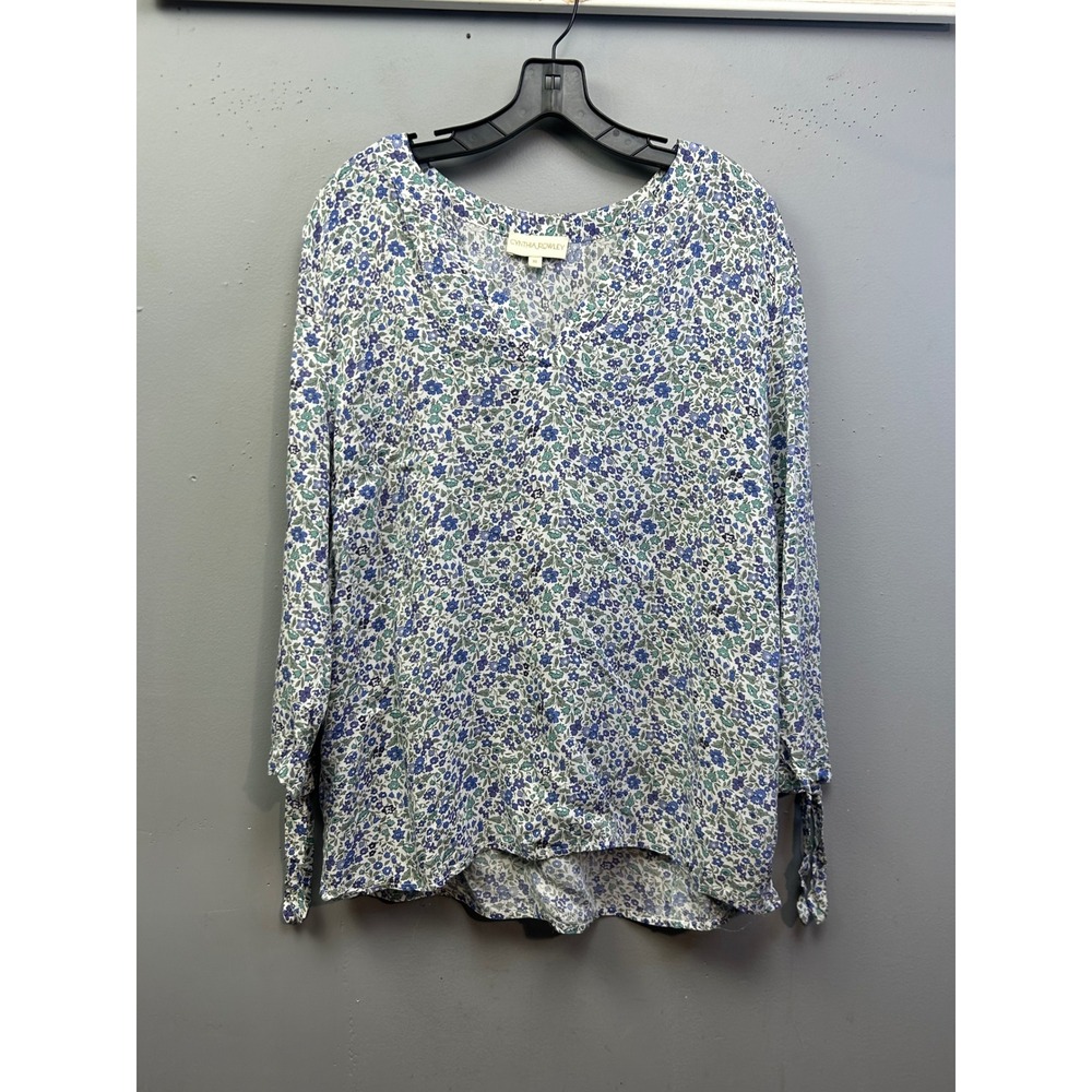 Cynthia Rowley Blouse Women XL Blue Floral V-Neck Long Sleeve Tie Cuff Rayon Top